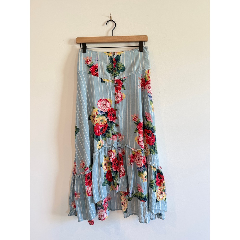 Maeve by Anthropologie Floral Stripe Linen Blend Ruffle Midi Skirt Blue Size 0